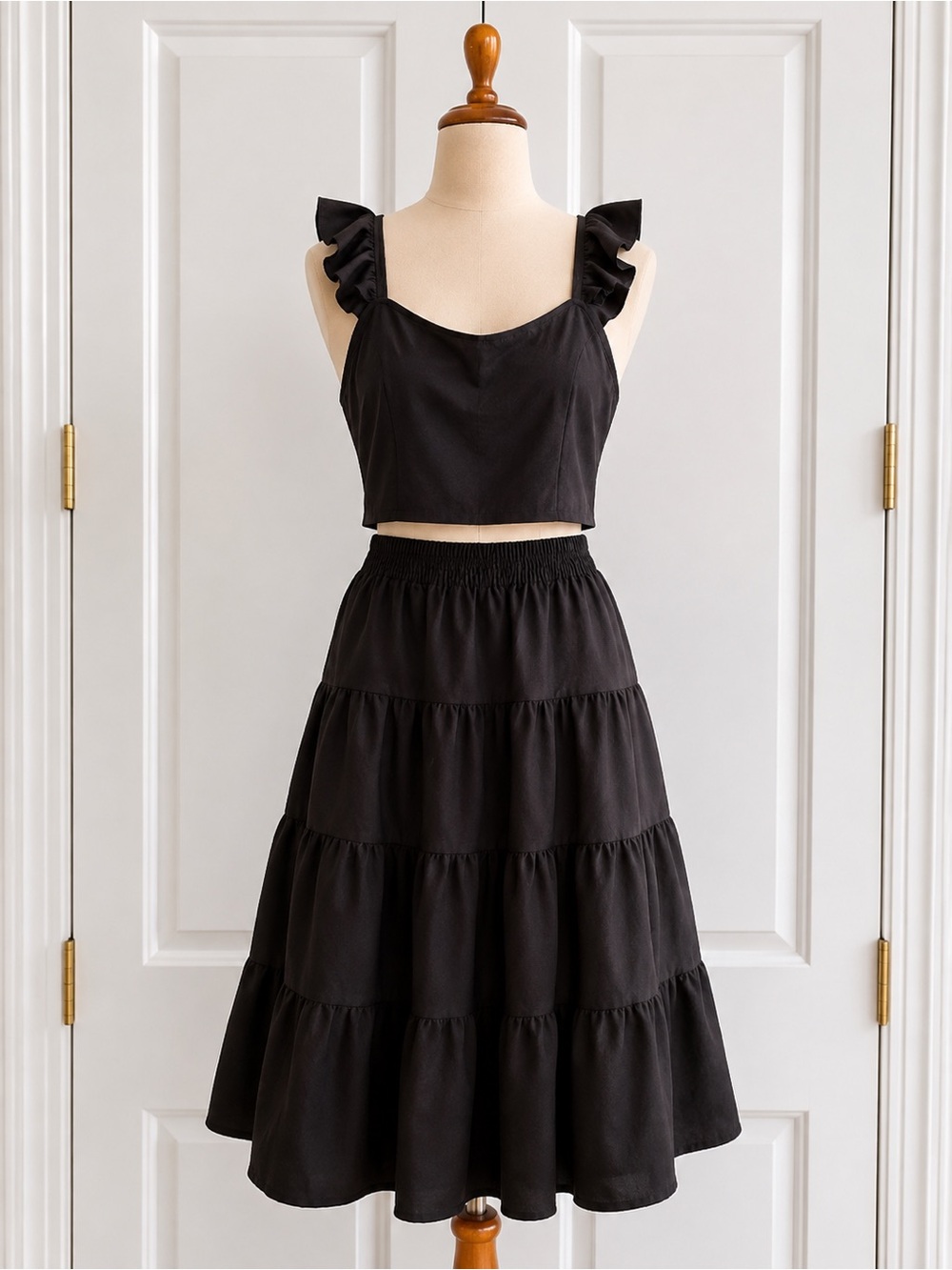 Black Ruffle Crop Top & Tiered Maxi Skirt Set | 2XL